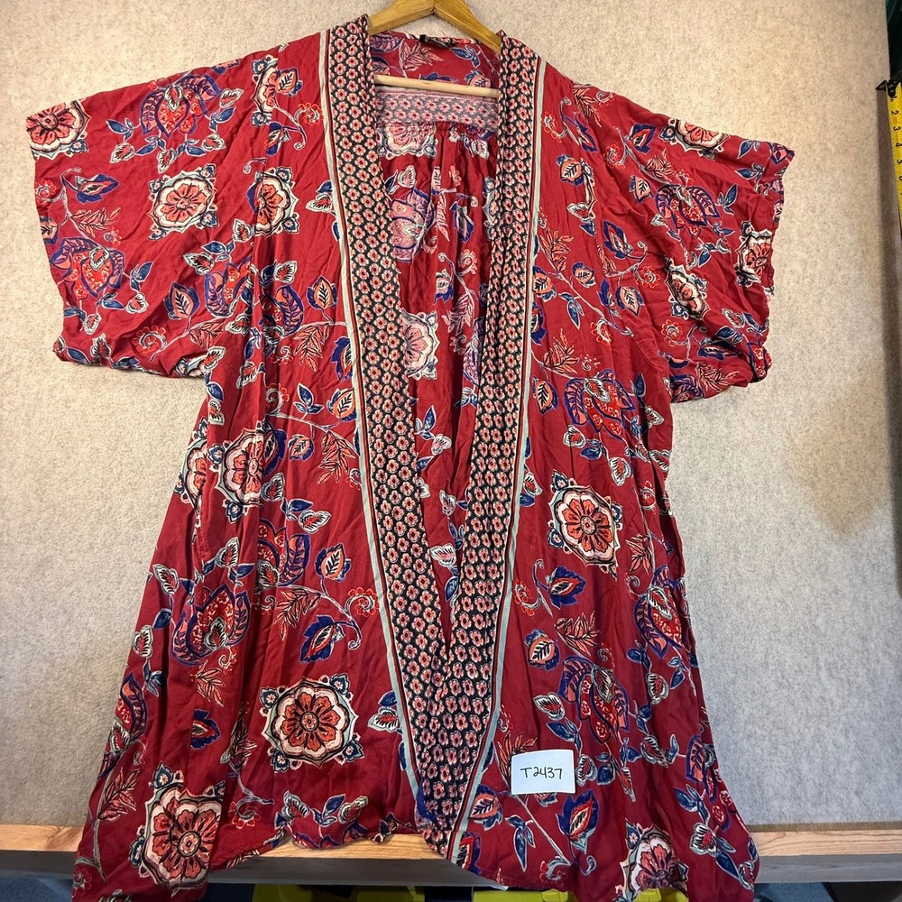 Angie Red Floral Paisley Kimono Cardigan Open Front Boho Rayon Large